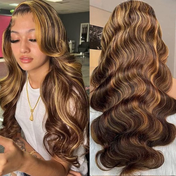 IUPin 26 Inch Highlight Lace Front Wigs Human Hair Pre Plucked 200 Density 12A Glueless 13x4 Body Wave HD Lace Front WIgs Human Hair Ombre 4/27 Blonde Frontal Wigs for Black Women with Baby Hair