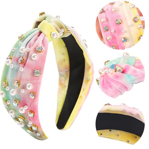 SeBneny Tie Dye Headbands Pearl Knotted Headband Boho Wide Fashion Cute Top Knot Headband Gift for Women Non Slip Wide Headband for Party Supplies Headwear 1PCS (Light Yellow)