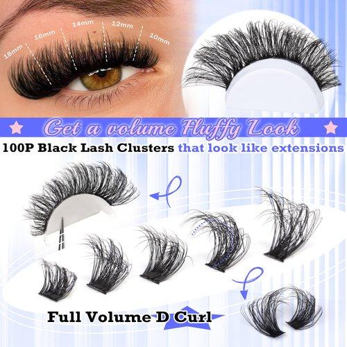 Focipeysa Thick Lash Extension Kit Fluffy Lash Clusters 100P Eyelash Extension Kit DIY Lash Extension Kit with Bond and Seal Glue, Lash Applicator DIY at Home for Beginner (100P 10-18MM)