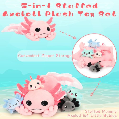 Tezituor Giant Mommy Axolotl Stuffed Animal with 4 Babies Inside, 31.5" Soft Realistic Axolotl Plush Pillow Toy Luminous Squishy Axolotl Plushies Birthday Gifts for Boys Girls