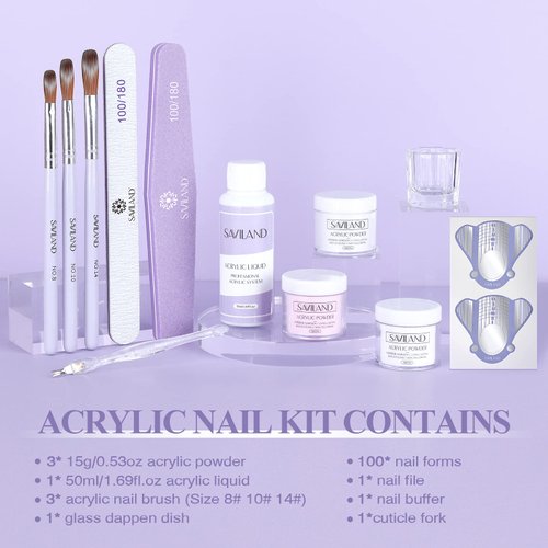 SAVILAND Acrylic Nail Kit for Beginners: Professional Nails Kit Acrylic Set 15g Clear/White/Pink Acrylic Powder and Liquid Monomer Set with Acrylic Nail Brush Nail Forms Dappen Dish Gift Set
