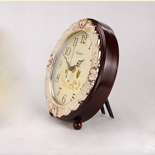 Justup Vintage Table Clock, Retro Non-Ticking European Style Beside Desk Clock Battery Operated Silent Quartz Movement for Bedroom Living Room Indoor Decor (Brown)