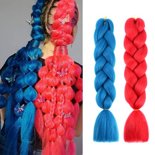 Red Blue Ombre Jumbo Colored Hair Extensions for Braiding for Women High-Temperature Synthetic Twist Box Braids Crochet Braids Braiding Hair