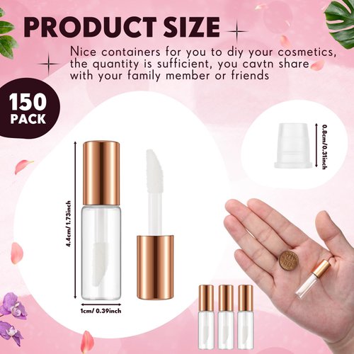 Jinei 150 Pcs Clear Empty Lip Balm Bottles 1.2ml Mini Lip Gloss Tubes, Refillable Lipstick Containers Transparent Plastic Clear Lipstick Tubes for Girl Women DIY Makeup Lip Sample Travel (Rose Gold)