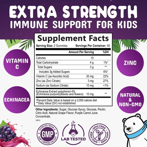Kids & Toddler Immune Support Gummies with Vitamin C, Zinc & Echinacea - Immune Support Gummy for Kids, Daily Childrens Immune Support Vitamins Supplement, Vegan & Non-GMO, Berry Flavor - 90 Gummies