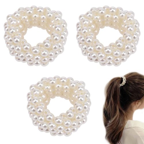 FAFAHOUSE 3 Pcs Pearl Hair Bands for Women Girls, Pearl Bead Elastic Band Pearl Hair Elastic Pearl Hair Bands for Women Ponytail Holder