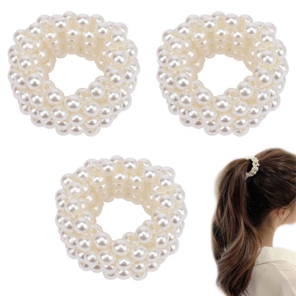 FAFAHOUSE 3 Pcs Pearl Hair Bands for Women Girls, Pearl Bead Elastic Band Pearl Hair Elastic Pearl Hair Bands for Women Ponytail Holder