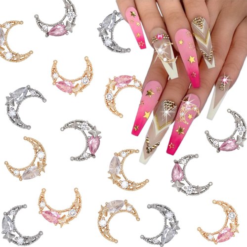 12 Pcs Moon Nail Charms 3D Alloy Gold Silver Moon Little Stars Nail Gems for Acrylic Nails Pink White Crystal Nail Rhinestones Luxury Shiny Moon with Diamonds Nail Jewels for Women Manicure Ornament