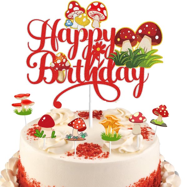 7Pcs Mushroom Happy Birthday Cake Topper Red Glitter Fairy Birthday Cake Decoration Woodland Birthday Party Supplies for Boys Girls Kids
