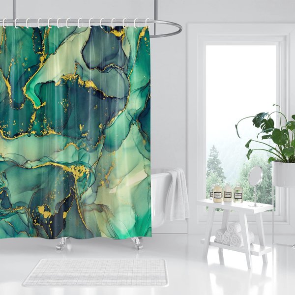 Marble Shower Curtain, Green, Colourful Abstract Ink Paint Teal Jade Gold Texture Shower Curtain for Bathroom, Waterproof Fabric with 12 Hooks, 72 x 72 inches