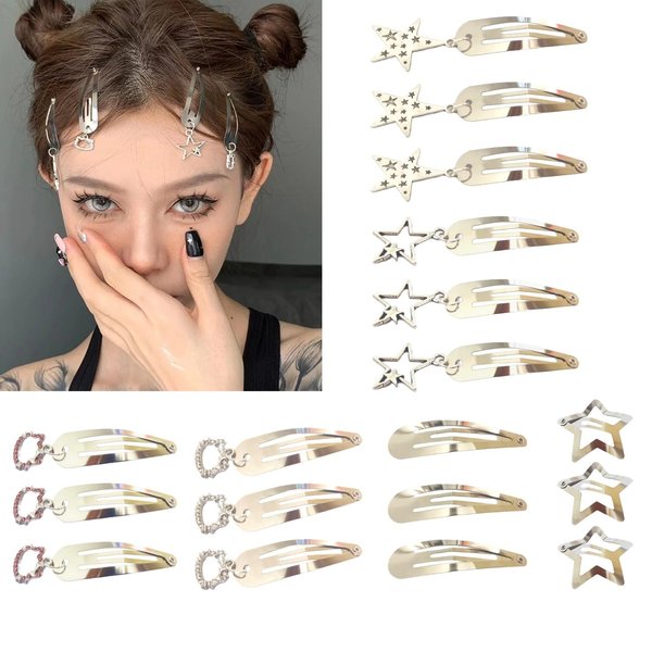 Y2K Star Pendant Hair Clips Kawaii Hair Clips Non Slip Metal Snap Hair Clips Y2K Hair Accessories Snap Hair Barrettes Emo Hair Clips for Women 18 PCS