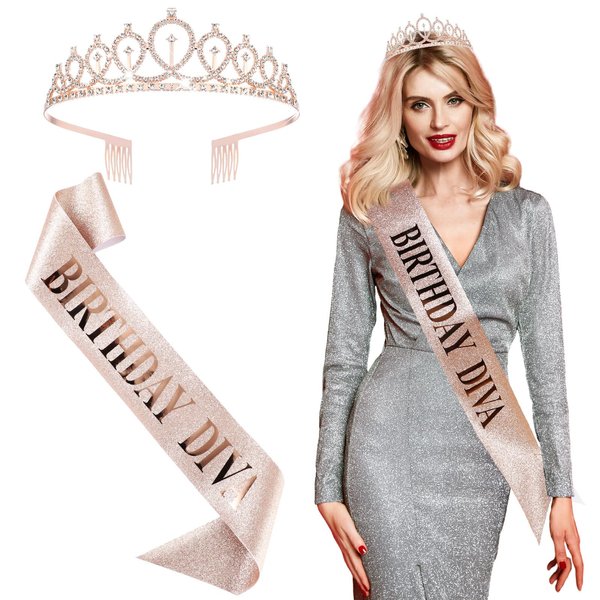 Retrowavy 2 Pcs Birthday Diva Sash Rhinestones Tiara Women Birthday Decoration Kit for Birthday Party Accessories(Rose Gold)