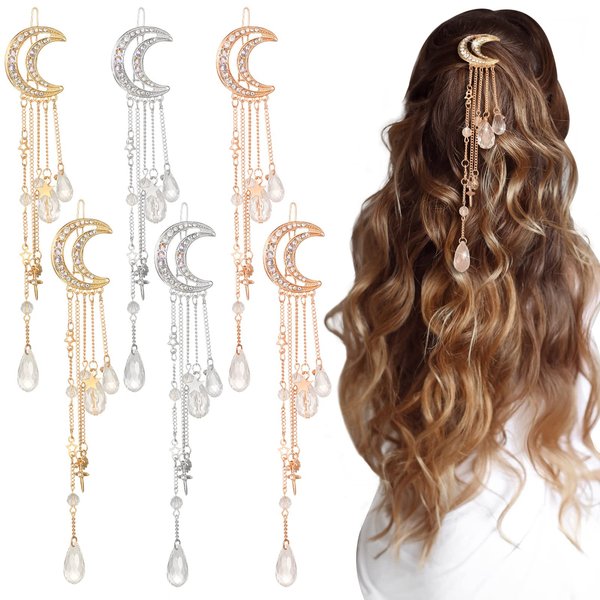 6 Pcs Moon Crystal Rhinestone Beads Dangle Hairpin Moon Hair Accessories Moon Barrette Star Tassel Hair Clip with Crystal Beads Charms Hair Chain Jewelry for Women Girl Bridal, Silver, Gold, Rose Gold