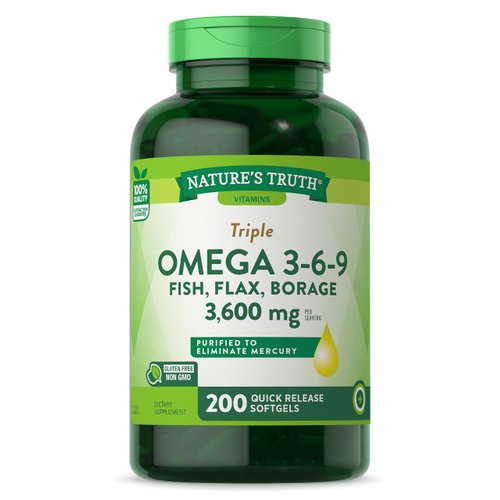 Nature's Truth Triple Omega 3-6-9 | 200 Softgels | Fish, Flax, Borage Oils Supplement | Non-GMO & Gluten Free