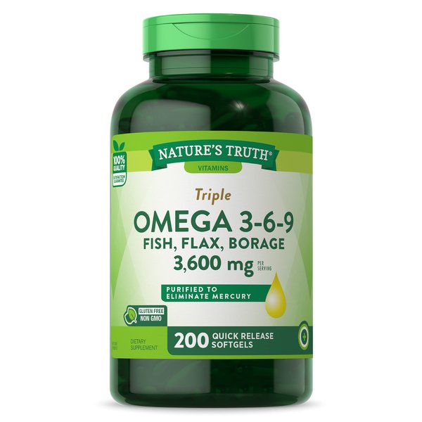Nature's Truth Triple Omega 3-6-9 | 200 Softgels | Fish, Flax, Borage Oils Supplement | Non-GMO & Gluten Free