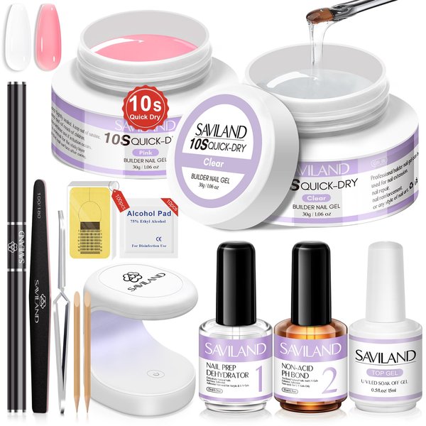 SAVILAND Quick-dry Builder Nail Gel Kit - Clear Pink Builder Hard Gel with Mini UV Light, Top Gel, Nail Dehydrator, Non-acid PH Bond Primer and Nail Extension Application Tools for beginners