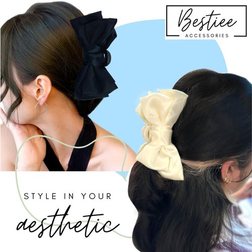 Bestiee 2-packs Bow Claw Clips for Women, 6 inch Elegant Bow Hair Ribbon Design for all types hair, Satin Bow Claw Clips | Strong Hold Durable, Women Gift Ideas | Black, White