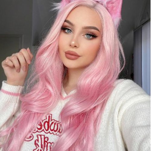 Pink Wigs for Women Pastel Peach Pink Lace Front Wigs Long Wavy Real Hair Wigs Handmade Pre Plucked Hairline Glueless Heat Synthetic Heat Resistant Hair Cosplay Drag Colorful Women's Wigs 24 Inch