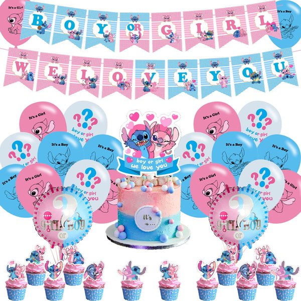 SAIAODI Stitch and Angel Gender Reveal Birthday Party Supplies, 35Pcs Stitch and Angel Gender Reveal Party Decorations for Girls Boys Include Banner-Cake Topper- Cupcake Toppers-Balloons-Foil Ballons