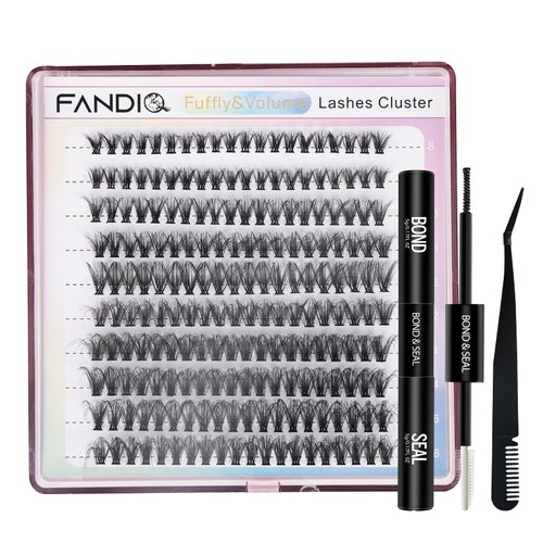 FANDIQ Cluster Lashes Extension Kit,200PCS Individual Eyelash Extension Kit 8-16MIX Fluffy DIY Lash Clusters D Curl Wisper Lashes Kit with Lash Bond and Seal Lash Tweezers for Self Use(40D)