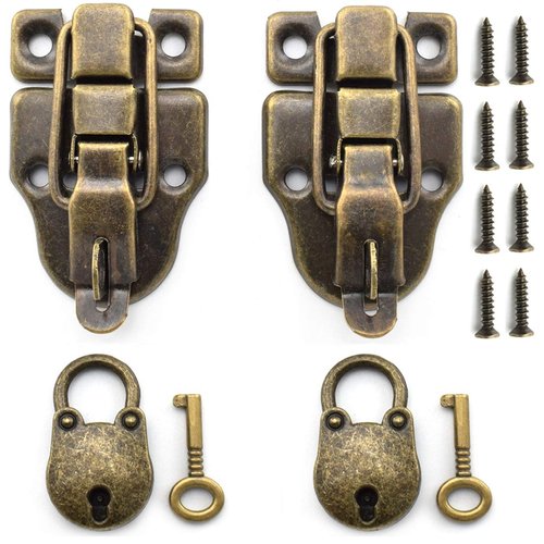 SDTC Tech Retro Style Cabinet Duckbilled Toggle Hasp Latch and Antique Padlock Kit with Matching Screws for Jewelry Box Ordinary Box Wooden Case Furniture Decoration (2X Toggle Latches + 2X Locks)