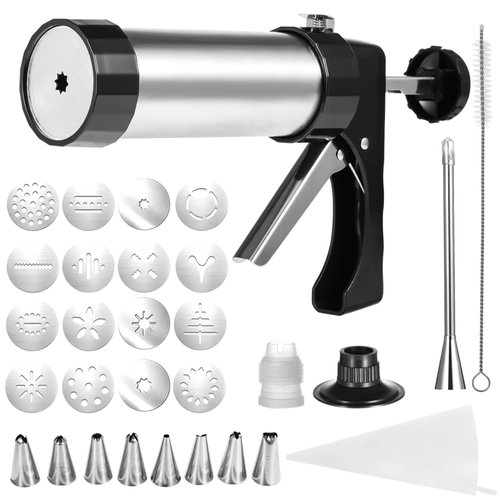 Churro Maker Machine Kit, Stainless Steel Churro Maker Kit with 1 Piping Bag and 8 Piping Nozzles, 1 Brush, and 16 Discs, Churro Filler Kit with Recipe Book, Easy to Clean