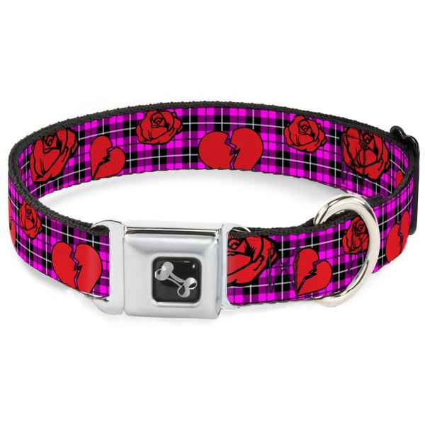 Dog Collar Seatbelt Buckle Broken Hearts Roses Fuchsia Plaid 9 to 15 Inches 1.0 Inch Wide