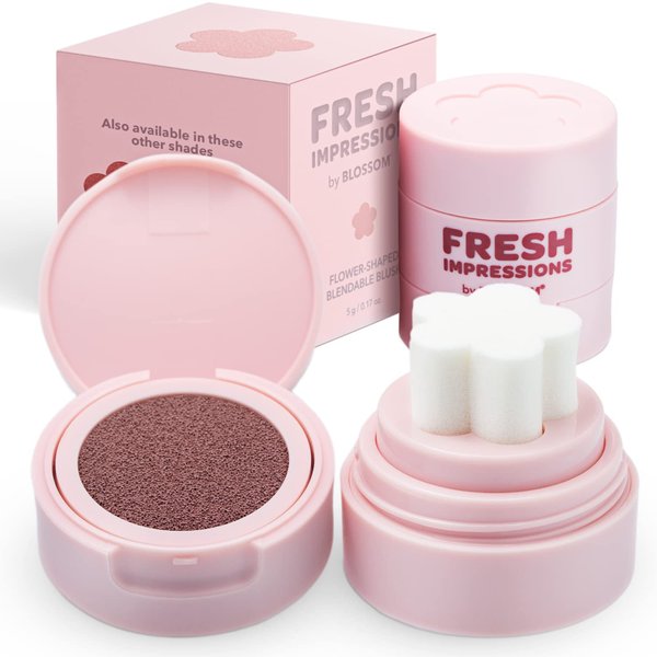 Blossom Fresh Impressions Hyper Pigmented Buildable Blendable Cushion Cream Blush Face Tint Cheek Stamp with Velvet Matte Finish & Flower Shaped Applicator, 0.17oz/5g, Velvet Plum