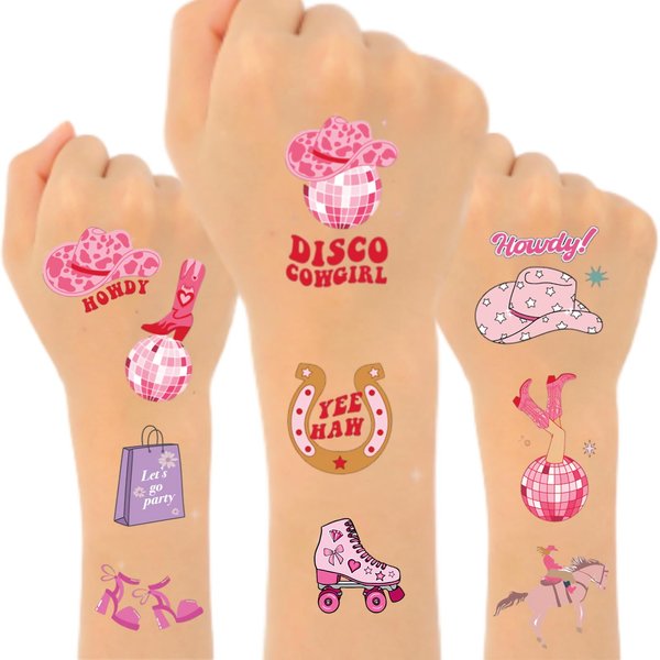 140 PCS Pink Temporary Tattoos, 20 Sheets Disco Cowgirl Tattoos and Princess Tattoos, Coquette Tattoo Stickers for Girls, Kids, Western and Cowgirl Party Decorations, Birthday Party Decorations