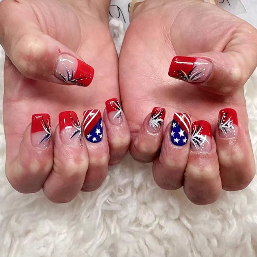 24Pcs Independence Day Press on Nails Medium Length Square Fake Nails Short Patriotic Red French Tip Glue on Nails American Flag Full Cover False Nails 4th of July Star Acrylic Nails for Women