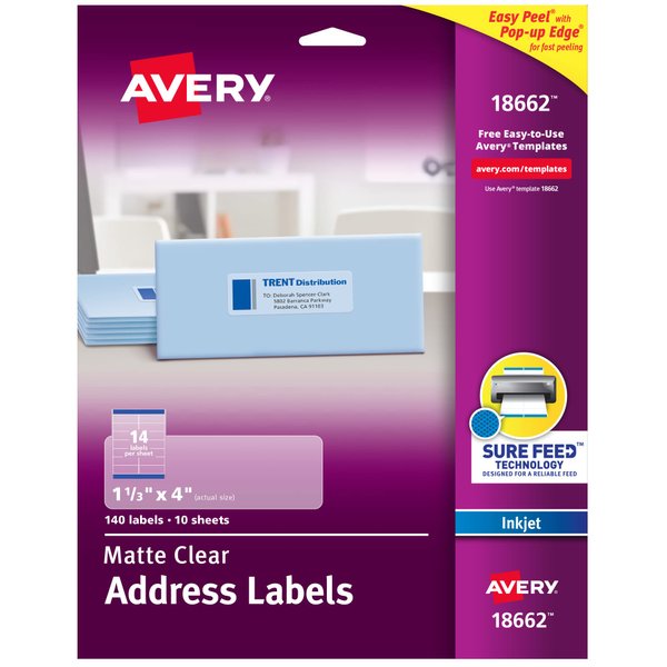 Avery® Matte Address Labels with Sure Feed® Technology, 18662, Rectangle, 1-1/3" x 4", Clear, Pack of 140