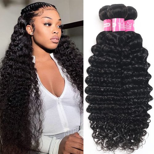 Deep Wave Bundles Human Hair 22 24 26 Inch 12A Brazilian 100% Unprocessed Virgin Human Hair Bundles Wet and Wavy Human Hair Weave Bundles 3 Bundles Natural Black Color Human Hair Extensions