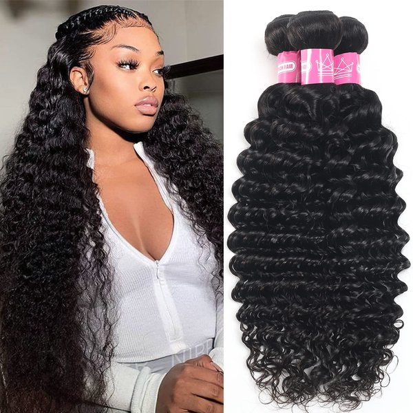 Deep Wave Bundles Human Hair 22 24 26 Inch 12A Brazilian 100% Unprocessed Virgin Human Hair Bundles Wet and Wavy Human Hair Weave Bundles 3 Bundles Natural Black Color Human Hair Extensions