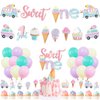 Ice Cream First Birthday Party Decorations, Sweet One Banner Cake Cupcake Toppers Macaron Balloons for Summer Ice Cream Popsicle Theme Baby 1st Birthday Girl Ice Cream One Year Old Bday Party Supplies