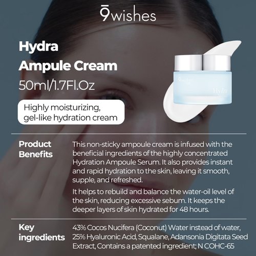 9 wishes Hydra Ampule Cream 1.7Fl. Oz, 50ml Powerful Hydration with Coconut Water - Long Lasting Hydration Facial Moisturizer