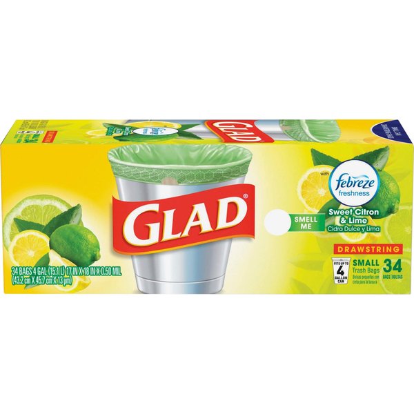 Glad Trash Bags, OdorShield Small Drawstring Garbage Bags - Febreze Sweet Citron & Lime - 4 Gallon