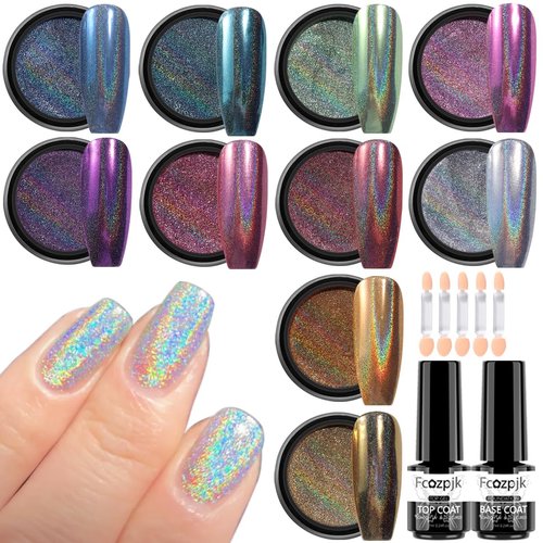 Fcozpjk Holographic Nail Powder Kit, 10 Colors Holographic Chrome Nail Powder With Top & Base Coat, Rainbow Effect Pink Gold Crome Nail Powder, Fine Glitter Manicure Decor