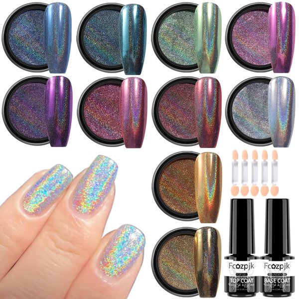 Fcozpjk Holographic Nail Powder Kit, 10 Colors Holographic Chrome Nail Powder With Top & Base Coat, Rainbow Effect Pink Gold Crome Nail Powder, Fine Glitter Manicure Decor