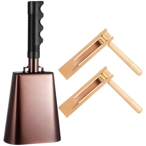 3 PCS Noise Maker Kit, 10 inch Metal Cowbell and Wooden Spinning Rattle Ratchet, Cowbell with Handle, Traditional Matraca Toy, Cheering Percussion Musical Instrument