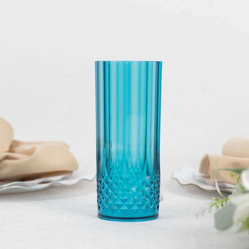 Tableclothsfactory 6 Pack Ocean Blue Crystal Cut Reusable Plastic Highball Drink Glasses, Shatterproof Tall Cocktail Tumbler Cups - 14oz