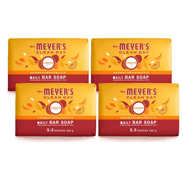 MRS. MEYER'S CLEAN DAY Bar Soap, Use as Body Wash or Hand Soap, Made with Essential Oils, Clementine​, 5.3 oz, 4 Bars