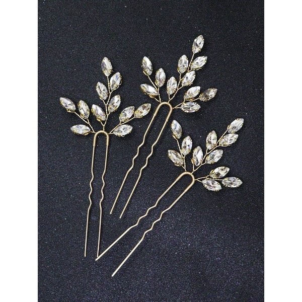 Brihasory Wedding Rhinestone Hair Pins 3PCS Sparkling Rhinestone Flower Bridal Headpieces Handmade Bridal Hair Accessories for Women and Girls Bridesmaid Gifts(Gold)