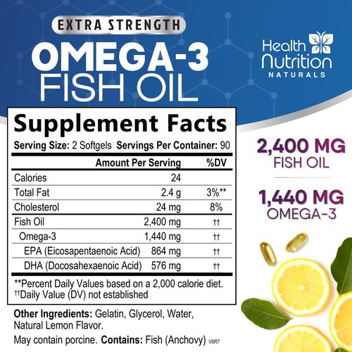 Fish Oil 2400 mg with Omega-3, EPA & DHA - Triple Strength Omega Supplement - Natural Support for Immune, Heart & Brain Health - Nature's Lemon Flavor, Burpless, Wild Caught, Non-GMO - 180 Softgels