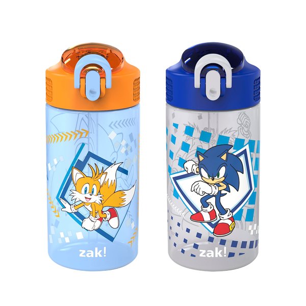 Zak Designs Sonic the Hedgehog Kids Water Bottle For School or Travel, 16oz 2-Pack Durable Plastic Water Bottle With Straw, Handle, and Leak-Proof, Pop-Up Spout Cover (Sonic, Tails)