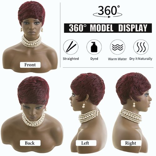 Short wigs for black women Pixie Cut Wig Natural Wavy Synthetic Hair Wigs Pixie Cut Wig with Bangs Short Curly Layered Pixie Wig for Women (Short Wine Red color)