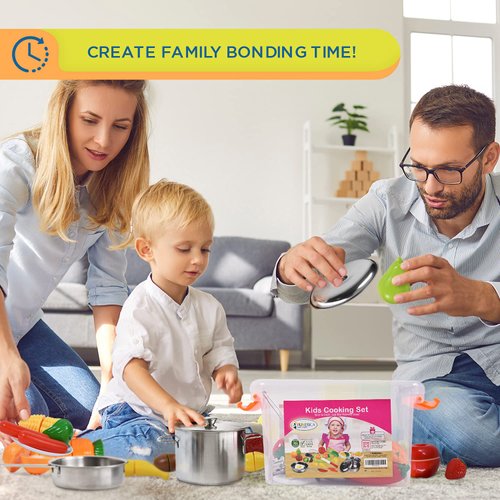 FUNERICA Cutting Play Food Set and Pretend Cookware Set with Realistic Stainless-Steel Pots and Pans and Utensils - Toy Kitchen Accessories Playset for Toddlers and Kids