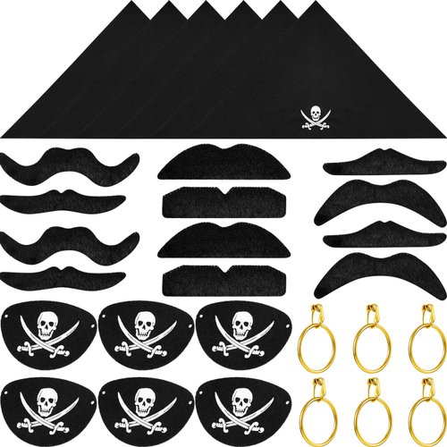 Tatuo 30 Pieces Pirate Captain Eye Patches Pirate Bandana Fake Mustache Pirate Gold Earrings for Halloween Kid Adult Pirate Masquerade Cosplay Party Costume Prop