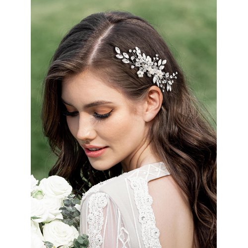 SWEETV Wedding Hair Comb Pearl Bride Hair Pins Flower Hair Piece Rhinestone Bridal Hair Accessories for Women and Girls