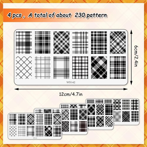 AnyDesign 4 Sheet Fall Plaid Nail Art Stamping Plates Kit Rectangle Fashion DIY Plaid Nail Plates Image Various Plaid Argyle Pattern Nail Art Plates for Nail Art DIY Print Manicure Salon Design