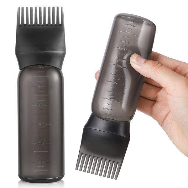 Pimoys Root Comb Applicator Bottle 6 Ounce, Oil Applicator for Hair Dye, Hair Oiling Bottle Brush with Graduated Scale, Black